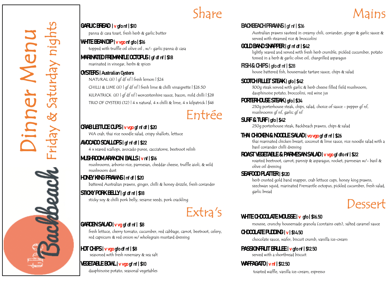 Our menus the backbeach cafe restaurant