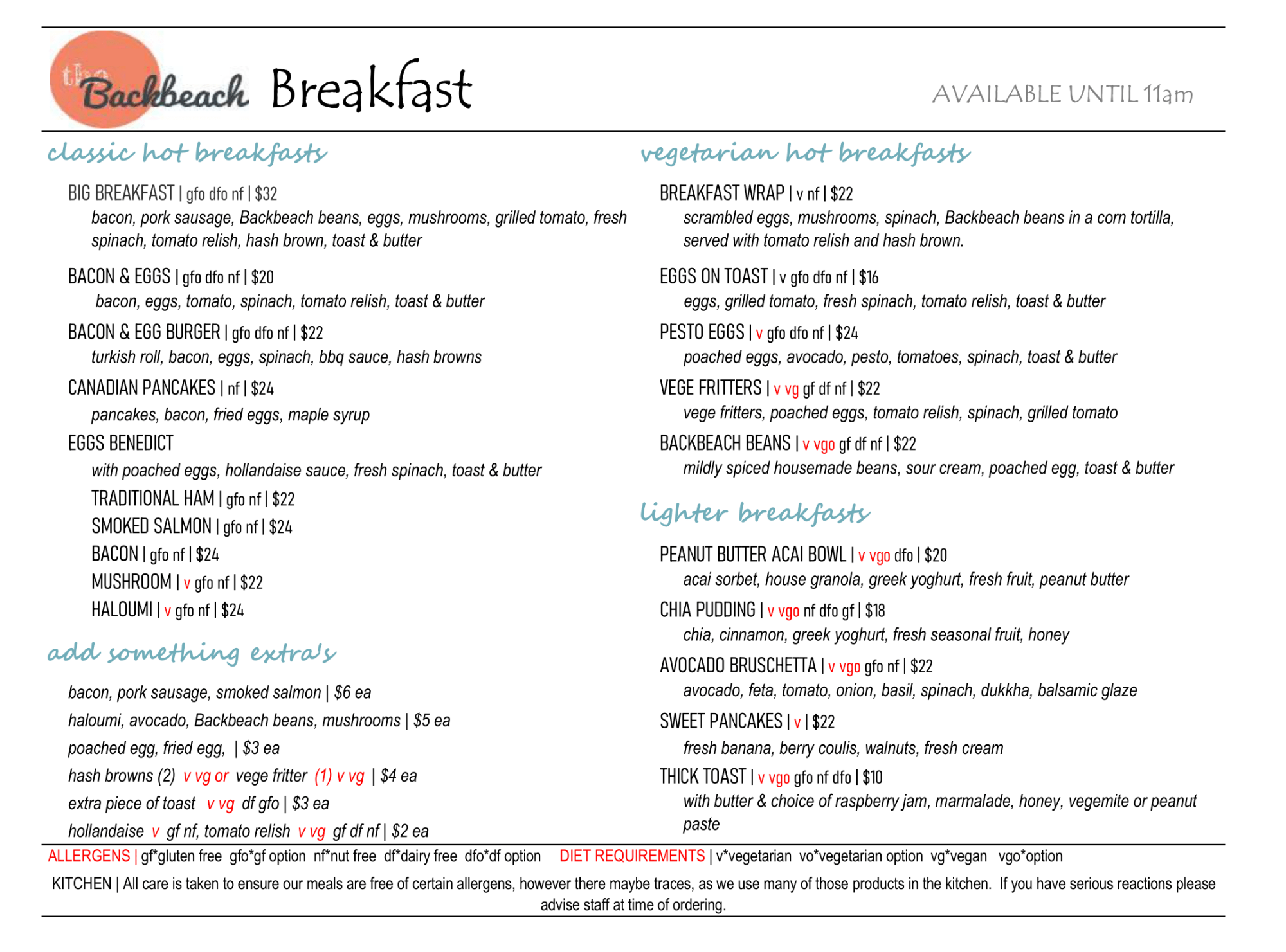 Backbeach Cafe & Restaurant Breakfast Menu Dec 2023