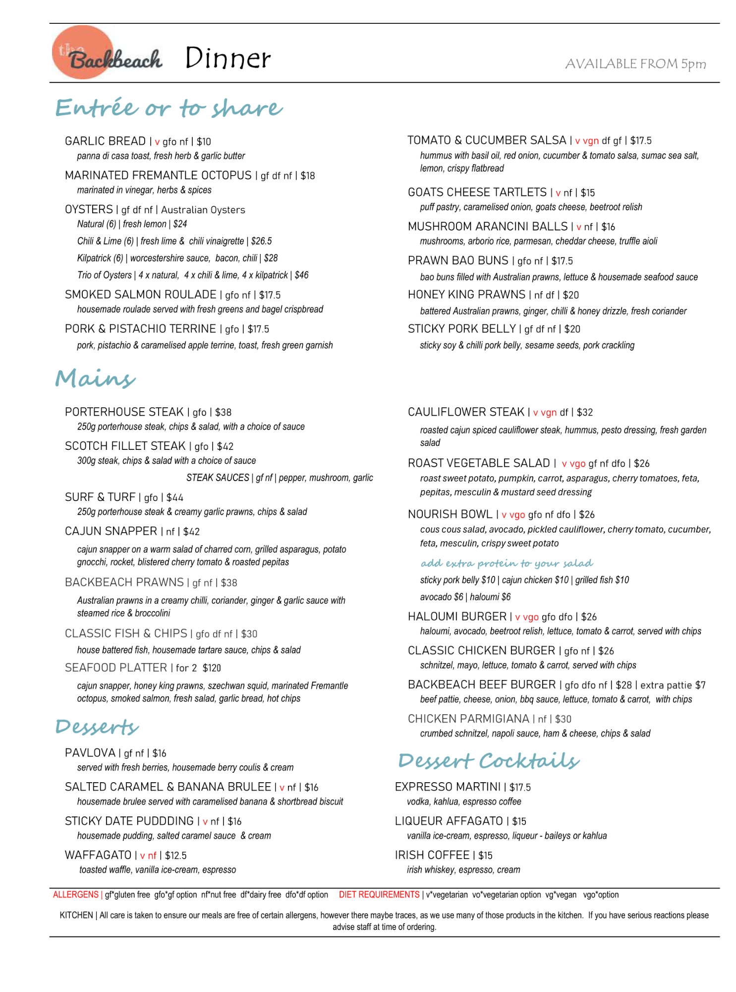 Backbeach Cafe & Restaurant Dinner Menu Dec 2023